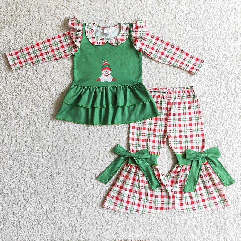 Baby Girl Christmas Snowman Set Long Sleeve Ruffle Green Top Infant Plaid Bell Bottoms Pants Kid Children Holiday New Clothes