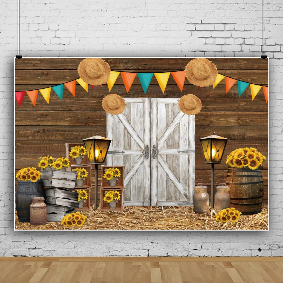

Farm Barn Photo Backdrop Hay Rustic Wooden Door Wheel Photography Background Props for Child Birthday Party Photo Studio
