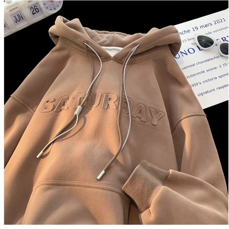 Winter New Clothes Loose Apricot Letter Hoodies Embossing Process Harajuku Thick Casual Sweatshirt Women Y2k Long Sleeve Fleece