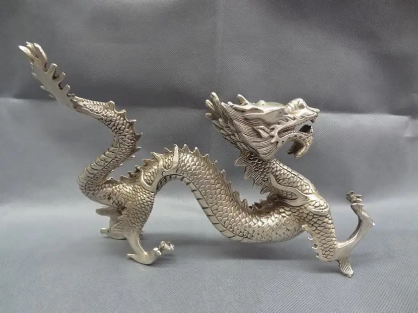 12 Inch Chinese Zodiac Myth Beast Figurine Wealth Fly Dragon Silver Bronze Statue for Decorative Display Collectible Gift