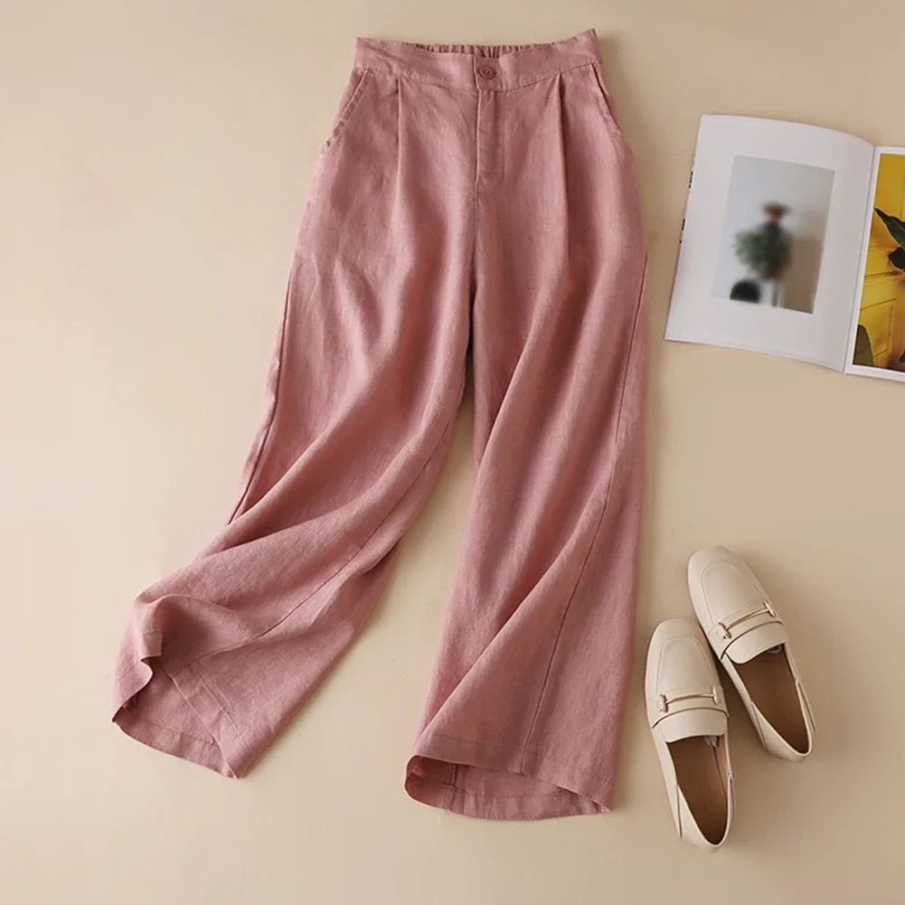 

Brand New Comfortable Fashion Pants Casual Trousers Solid Color Wide Leg Pants Casual Cotton Linen Slight Stretch