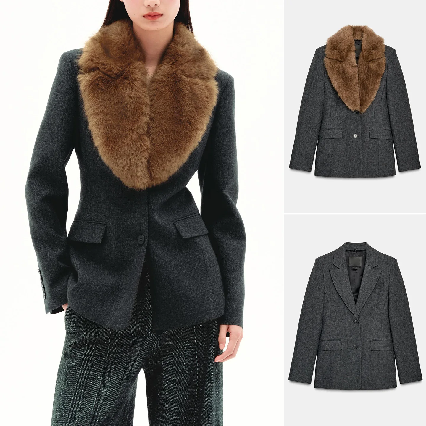 

Winter New Women's Commuter Sle Long Sve Faux Fur Effect Suit Jaet Covered Collar Single Button Closure Casual Fit