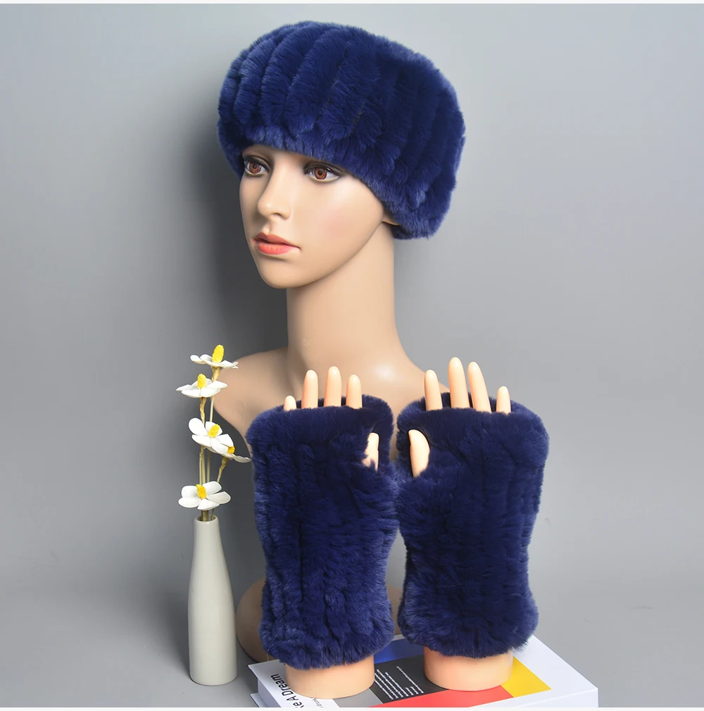 One Set Women Real Rex Rabbit Fur Cuff+Headband Winter Warmer Hat Arm Wrist Sleeve Gloves Female Real Fur Cap+Elastic Wristband