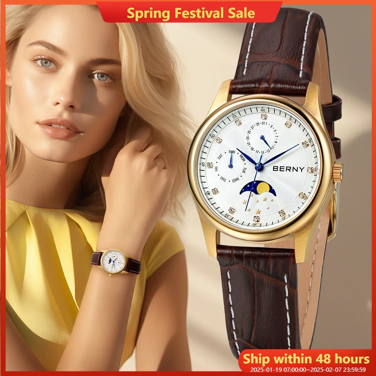 BERNY Watch for Women Calendar Date Week Moon Phase Quartz Women's Watches Leather Strap Elegant Casual Ladies Girl Wristwatch