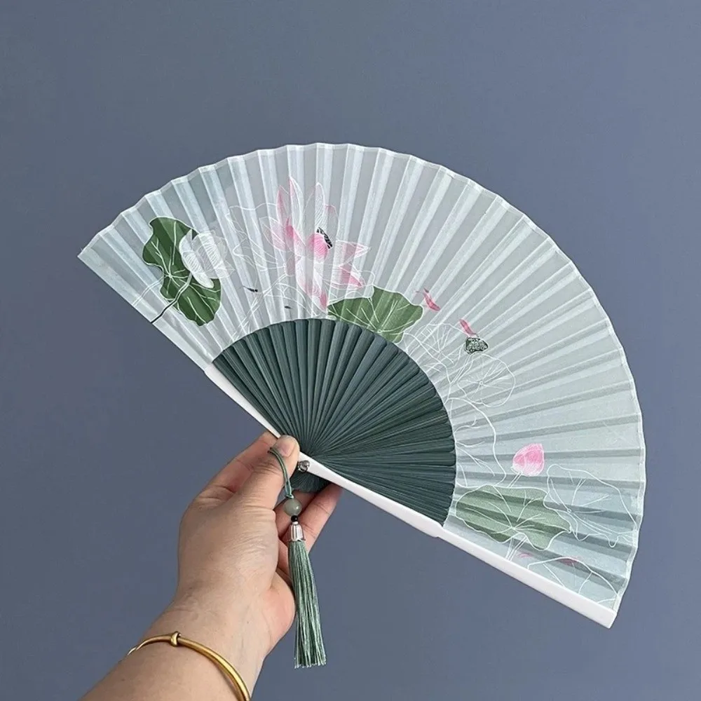 Decorative Retro Folding Hand Fan Classical Wooden Handle Chinese Style Fan with Tassels Lotus Design Hand Cranked Fan Summer