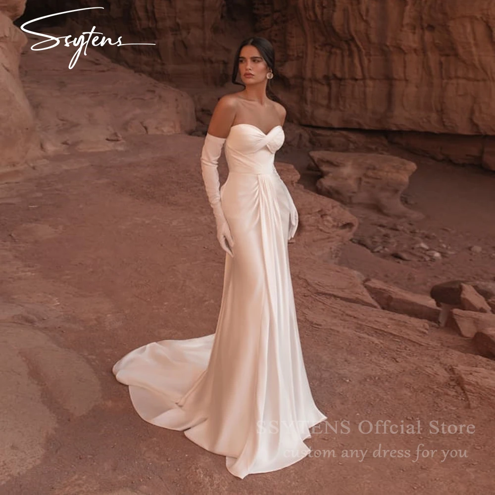 SSYTENS Elegante weiße trägerlose Brautkleider, ärmellos, mit Reißverschluss hinten, Strand-Brautkleid 2026, bodenlange Meerjungfrau-Brautkleider