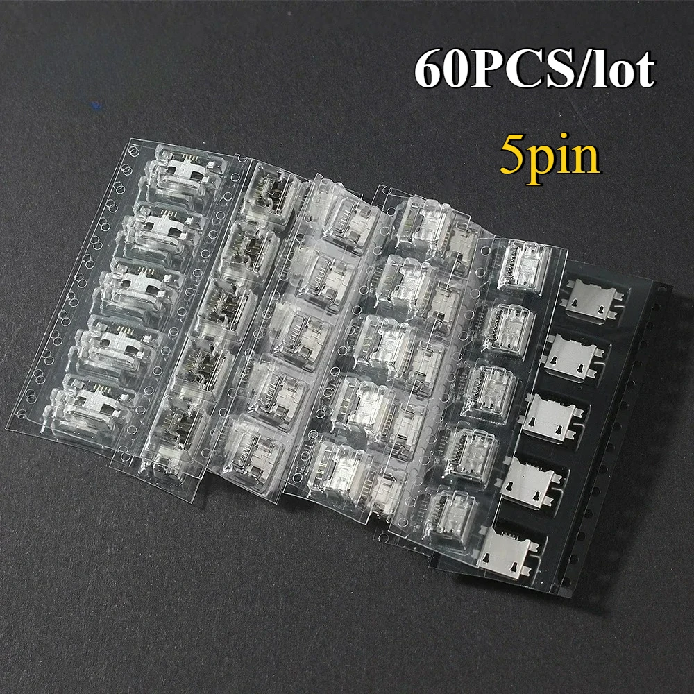 60pcs Socket Connector 5Pin Micro USB Socket Connectors Assortment Set 12 Models SMD DIP Electronics Kit