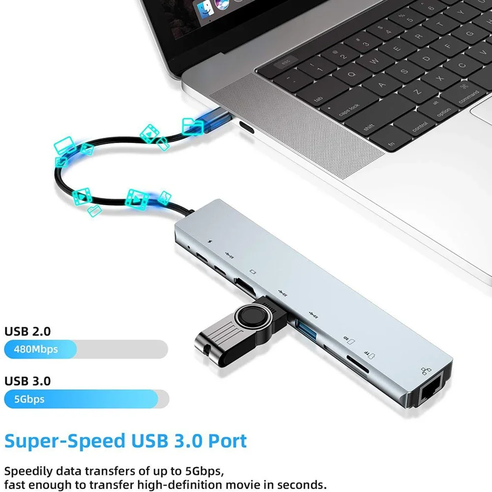 8 منافذ USB C محطة إرساء TYPE-C HUB USB C إلى 4K HDMI محول USB 3.0 محاور 5Gbps عالية السرعة 100Mbps RJ45 لأجهزة الكمبيوتر المحمول ماك بوك
