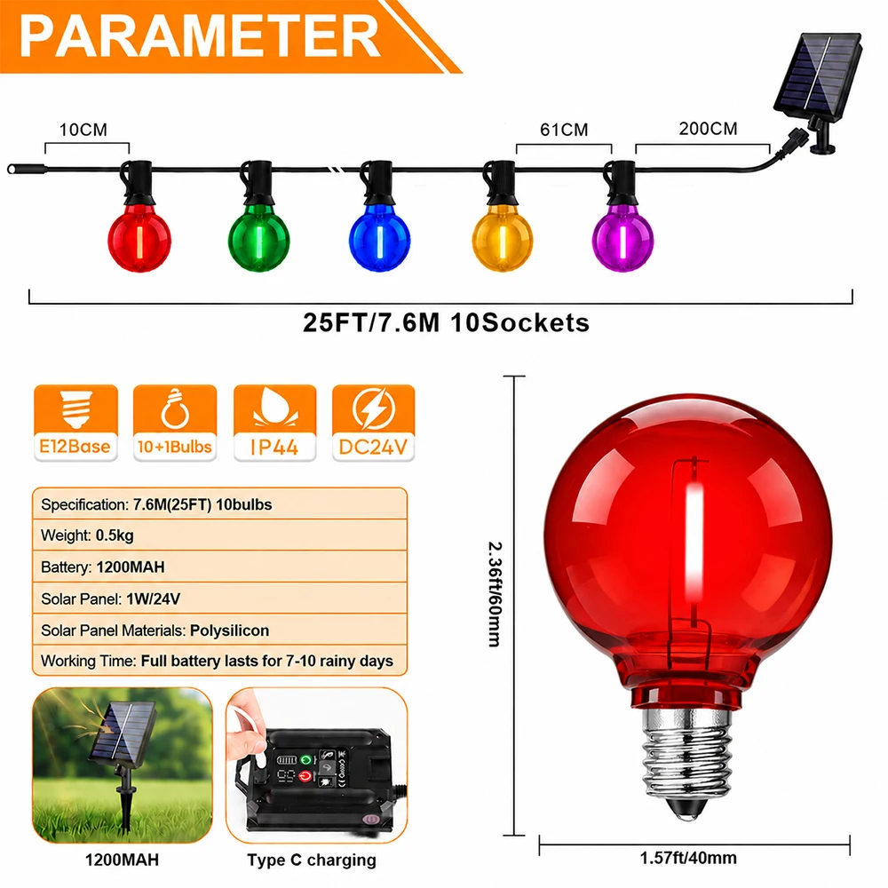 Christmas G40 Colored LED Outdoor Solar String Light Garland Plastic 24V Globe Waterproof Hanging Light for Garden Backyard Cafe