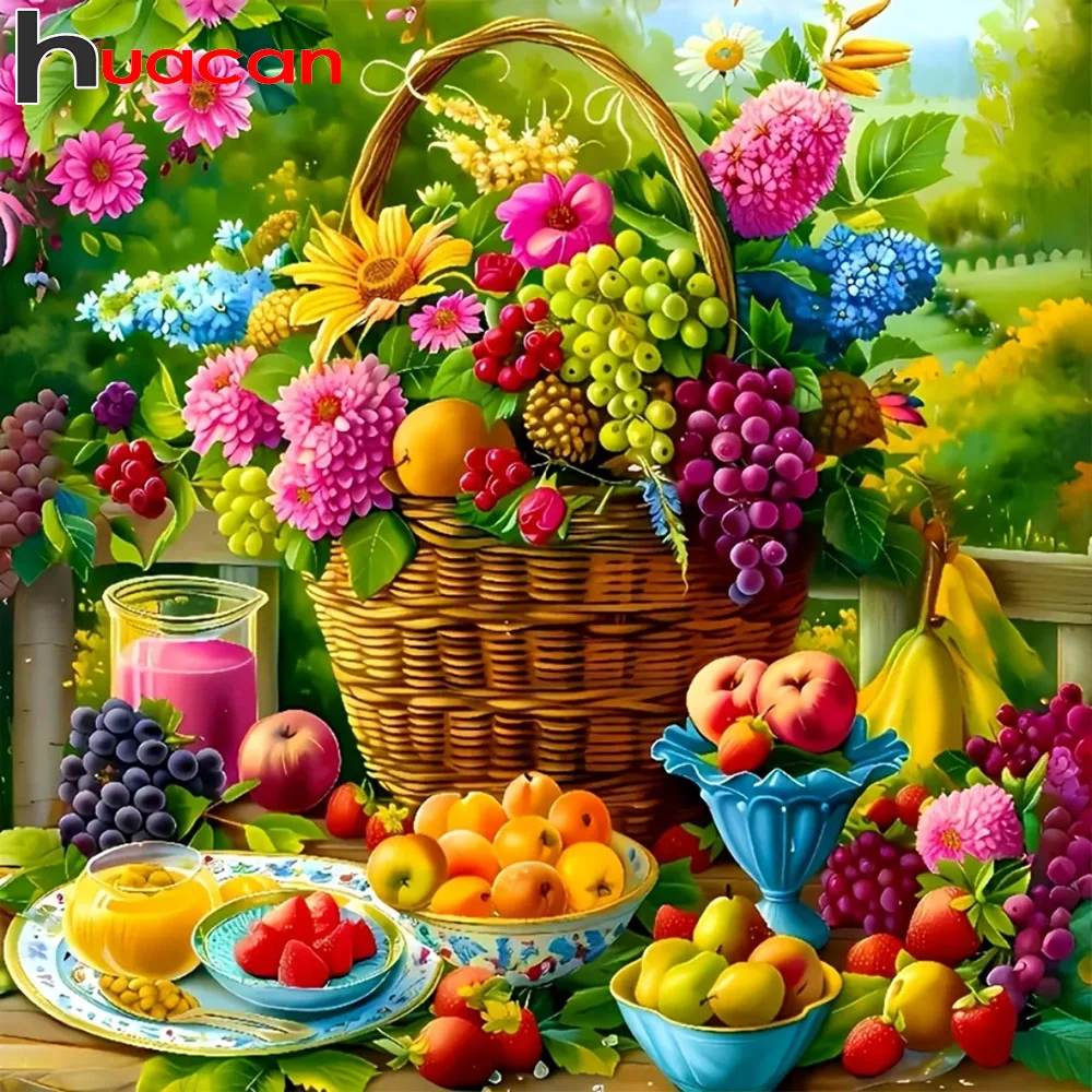 Huacan DIY Diamantmalerei Obstkorb Blumen Diamant-Mosaik Kunstbild aus Strasssteinen Heimdekoration Geschenk