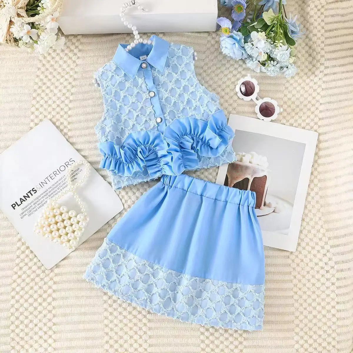 2026 New Toddler Girls' Two-Piece Set Euro-American Design Style Fashionable Mesh Lace Trim Sleeveless Tank Top & Skirt for 2-7Y