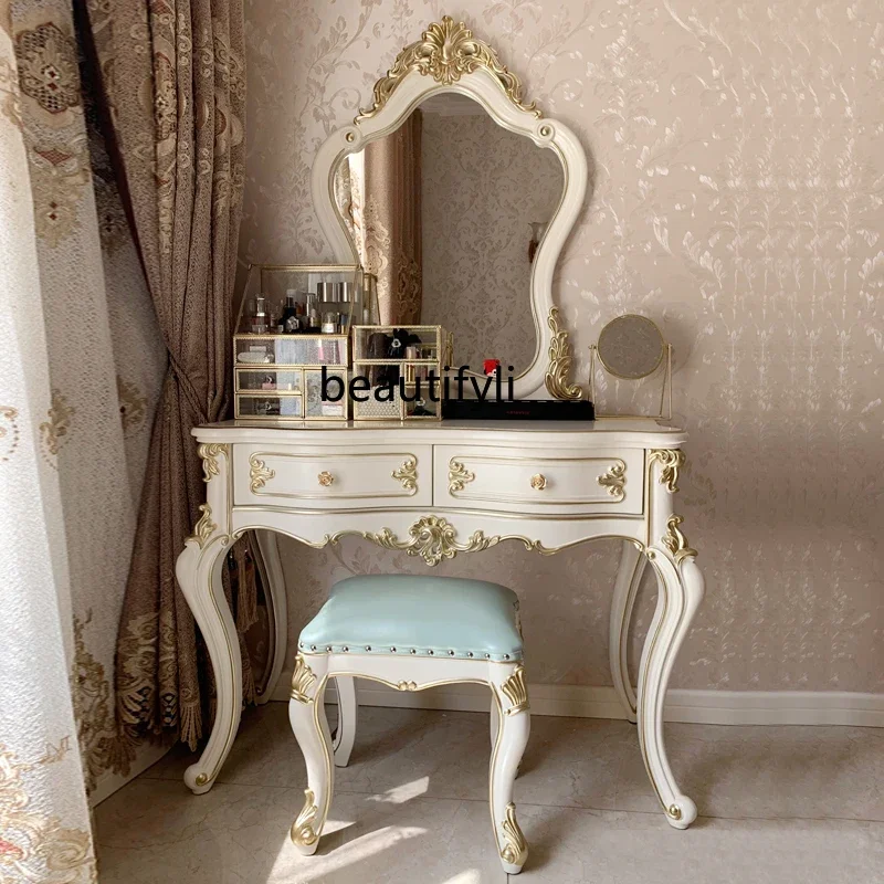 

European dresser solid wood carving flower beauty French light luxury bedroom pearl white lord makeup table small apartment
