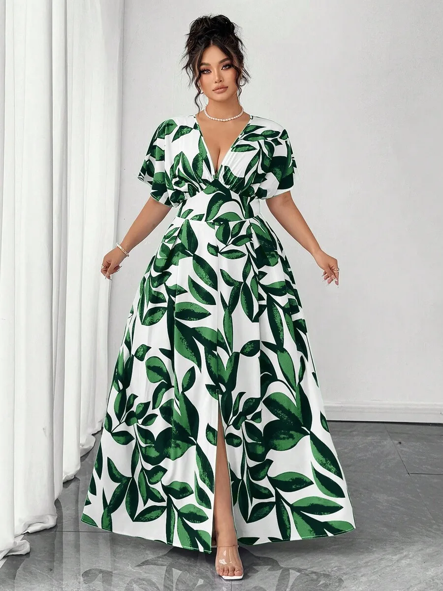 

Womens Green Leaf Print V-Neck A-Line Maxi Dress Spring Summer