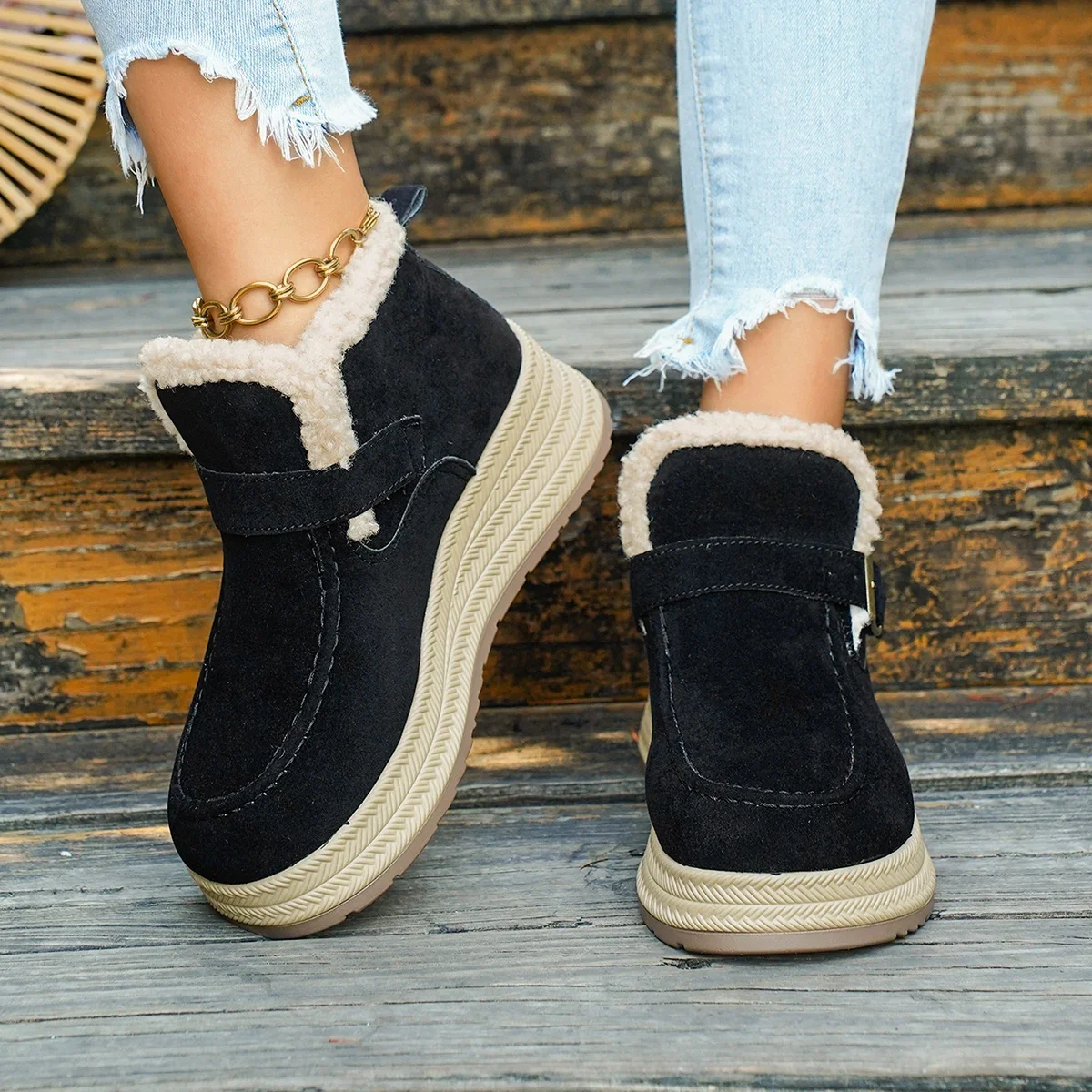Winter Damen Einfarbige Vintage Bequeme Dicksohlige Keilabsatz-Schneestiefel Neue Damen Warme Lässige Modische Stiefel – Detail 8