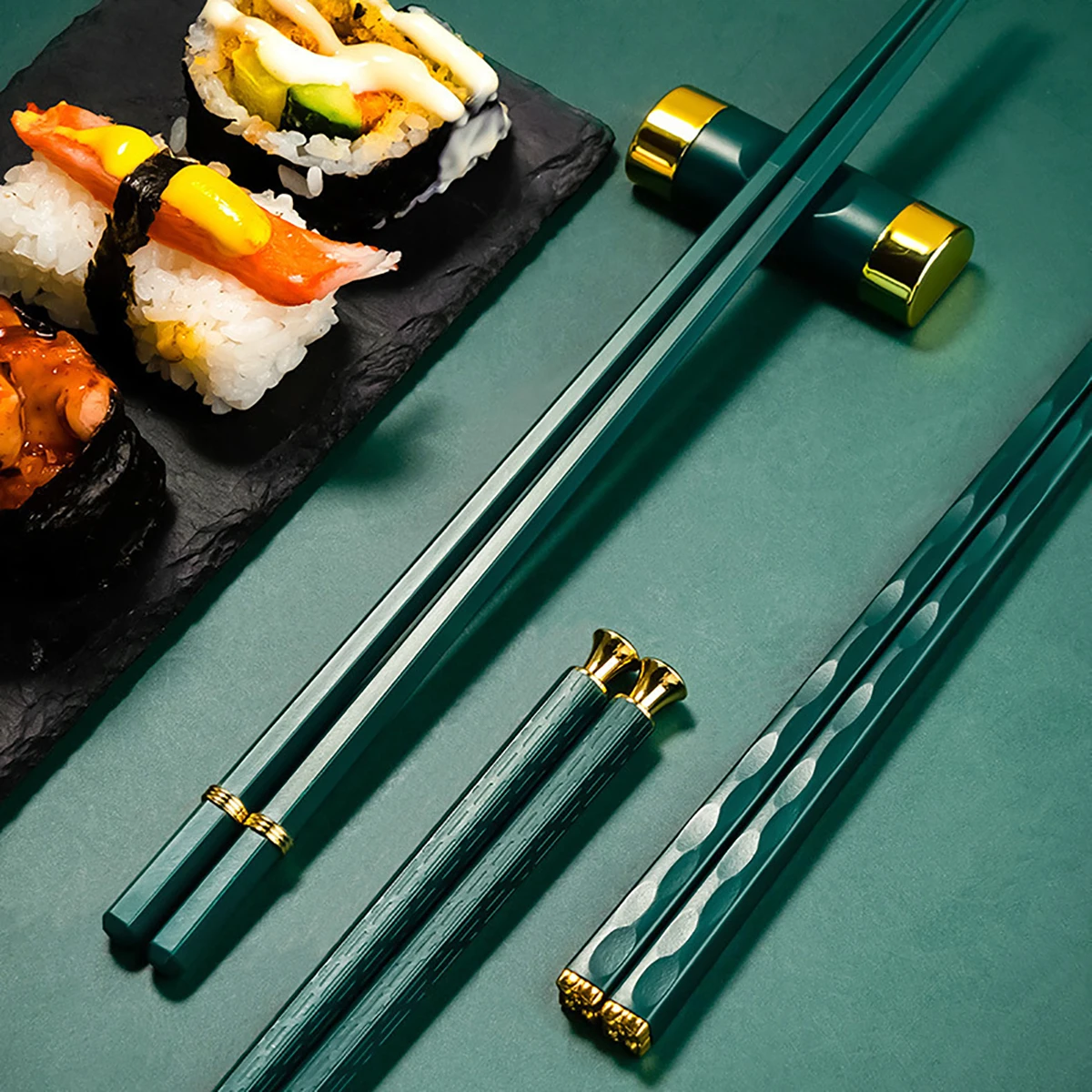 

5 pairs of green and gold chopsticks set, Korean-style sushi chopsticks, non-slip chopsticks, for hotel and restaurant use
