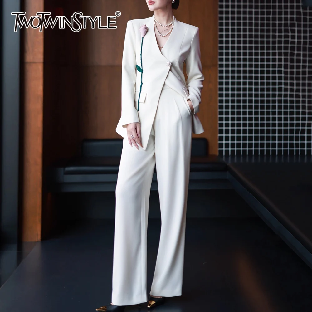 

TWOTWINSTYLE Solid Spliced 3D Flower Two Piece Set Female V Neck Long Sleeve Jacket Office Lady Women's Trousers Set Fashion New