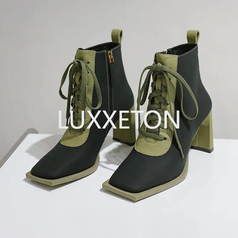 2023 Autumn and Winter New Lace up Soft Leather Square Head Thick Heel Boots Fashion Slim High Heel Shoes Women's Short Boots