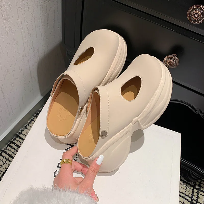 

Сандалии MKKHOU женские из натуральной кожи, модные повседневные шлепанцы с круглым носком, на толстой подошве, Летняя Открытая обувь, пляжная обувь