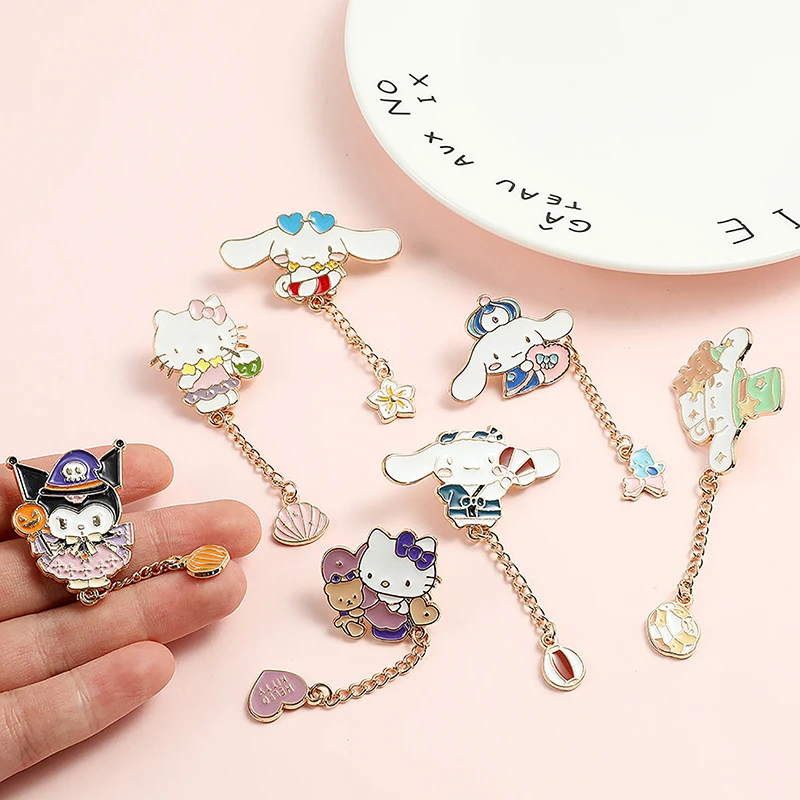 

Kawaii Sanrio Hello Kitty Brooches Cute Cartoon Cinnamoroll Kuromi Brooch Pin With Chain Children Clothes Accessories