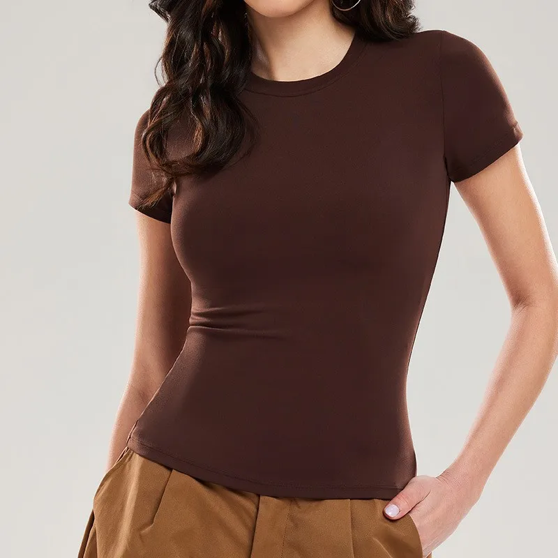 

Женская футболка с коротким рукавом для йоги, бега и тренировок, облегающая, быстросохнущая, из нейлона, с круглым вырезом, эффект второй кожи