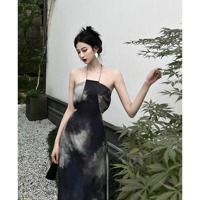 Vestidos De Verano Mujer 2023 Fashion Halter Neck Ink Color Tie Dye Backless Long Cheongsam Sexy Seaside Holiday Dresses XXL