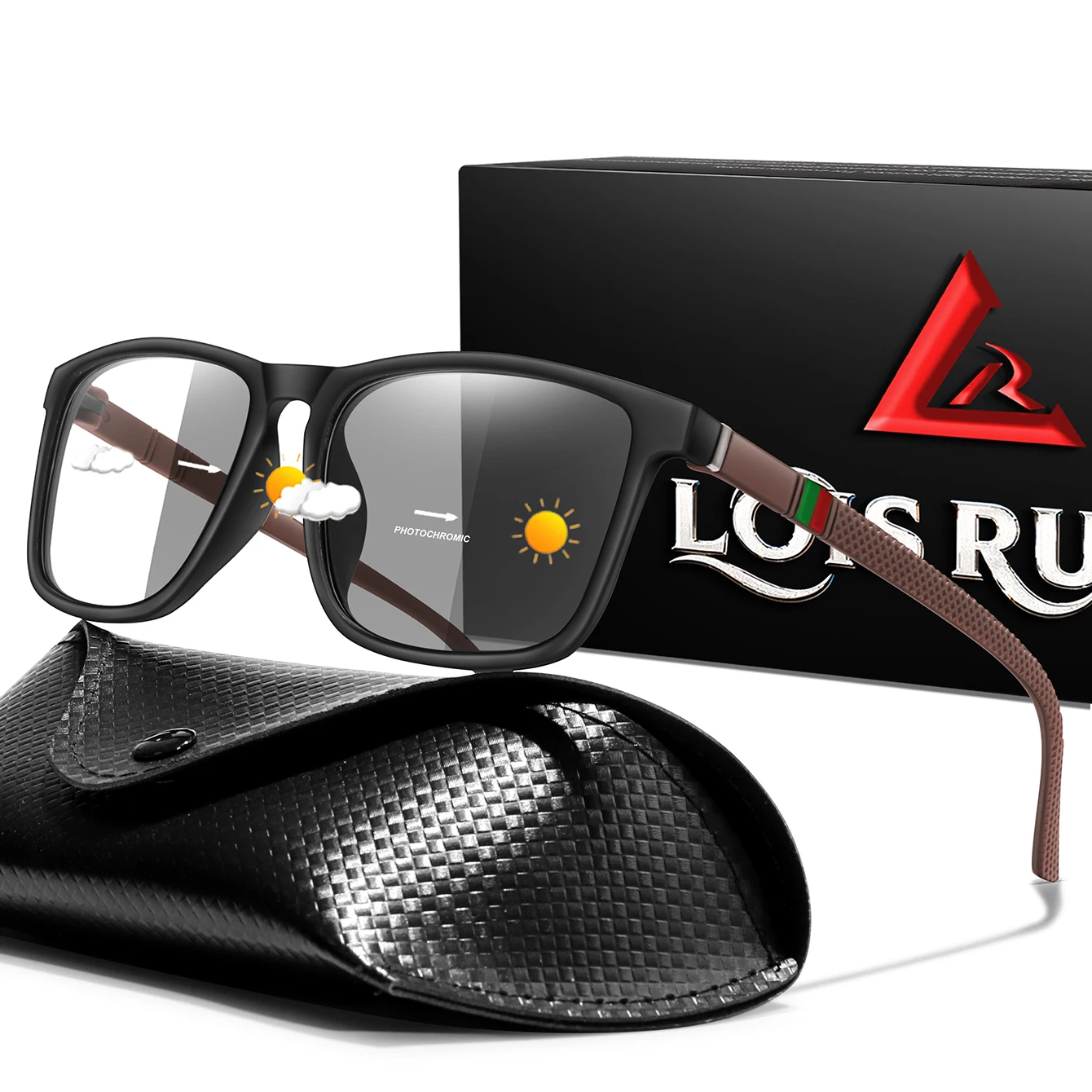 Klassische quadratische photochrome Sonnenbrille mit Etui für Damen und Herren, Outdoor-Sport, Radfahren, Baseball, bequeme Brille mit Box