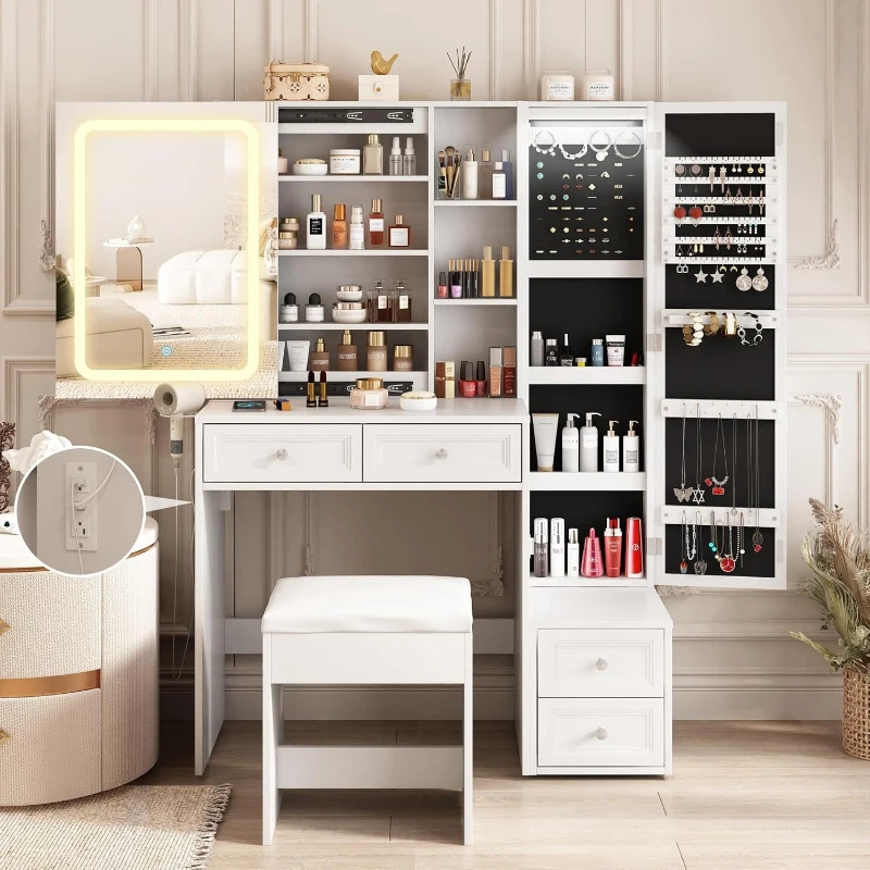 Dresser LED Lighting Sliding Mirror Jewelry Cabinet Charging Station Storage Rack Padded Stool Set Dresser