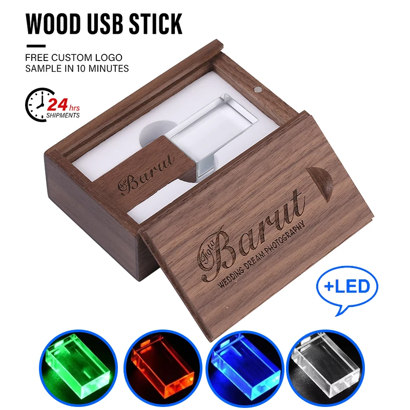 

Crystal Wooden USB Flash Drive 128GB Free Custom Logo Pendrive 64GB 32GB Pen Drive Wedding Gift Custom Logo Products with Box