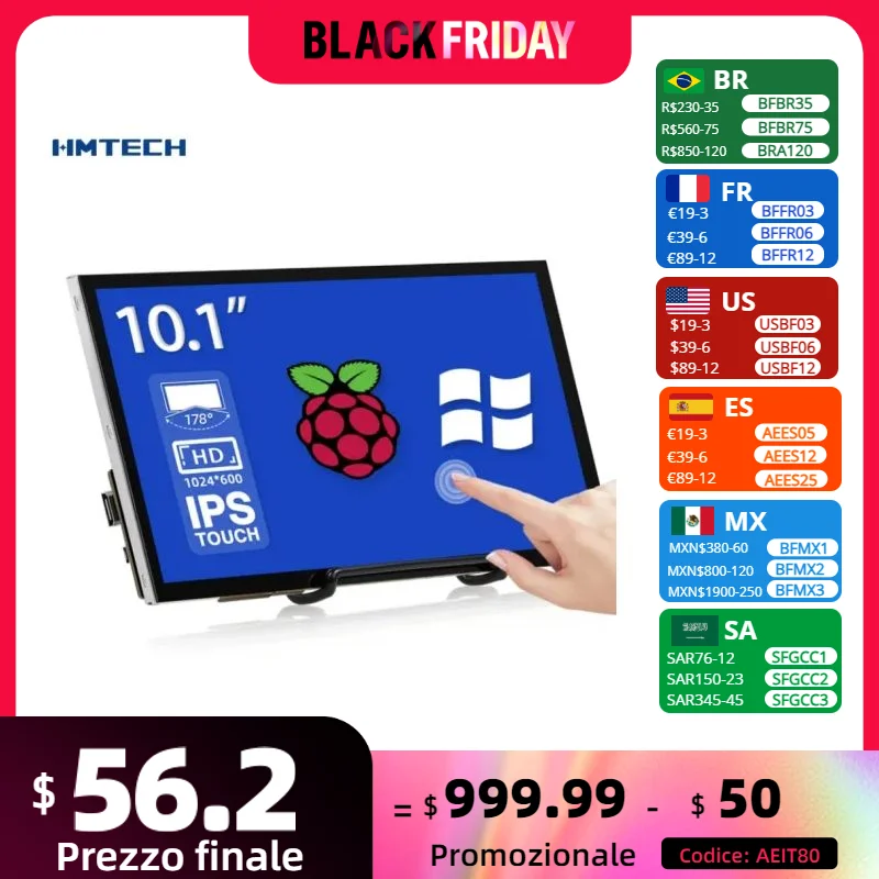 10.1 Inch Portable Monitor Touch Screen Game Monitor 1024*600 IPS HD Display For Raspberry Pi 3 4 Jetson Nano Screen Extension