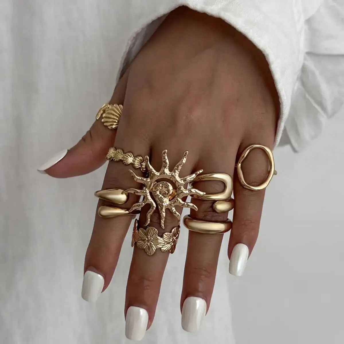 z 8 pçs/set moda estrela do mar vieira aberto anel de dedo feminino vintage cor ouro metal junta conjunta anel casal jóias