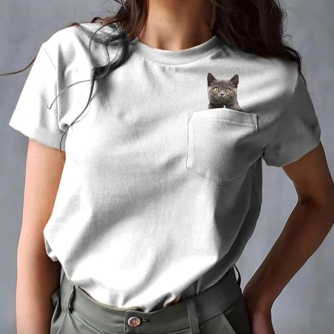 CLOOCL Animal T-Shirt Funny Cat Middle Finger Pocket Sticker Printed T-shirt Cotton Tees Women Shirts Tops Casual Y2K Clothing