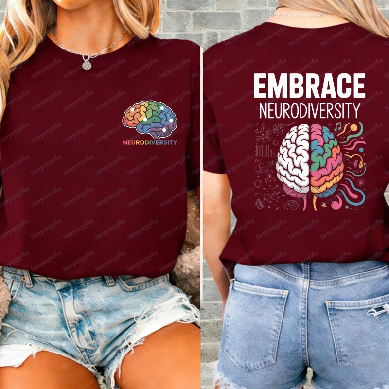 Neurodiversity Brain Rainbow Design Unisex Cotton T-Shirt Casual Summer Wear for Men Women Autism Awareness Fashion O-neck Tops