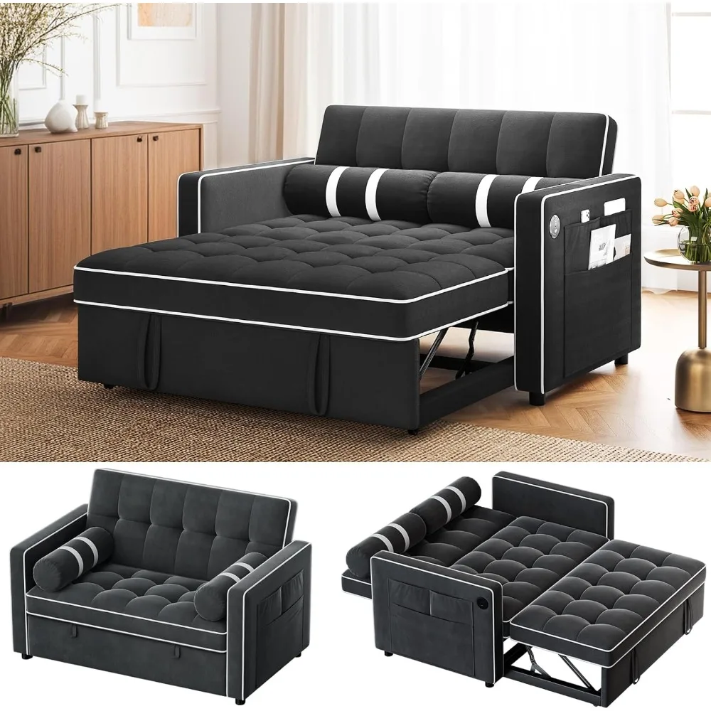 Convertible Sleeper Sofa Bed,Futon Couches for Living Room with USB Ports & Side Pockets | Adjustable Backrest| Velvet Fabric