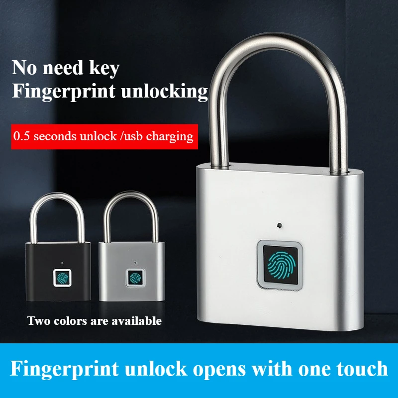 Keyless USB Charging Fingerprint Lock Smart Padlock Waterproof Door Lock 0.5sec Unlock Portable Anti-theft Padlock Zinc
