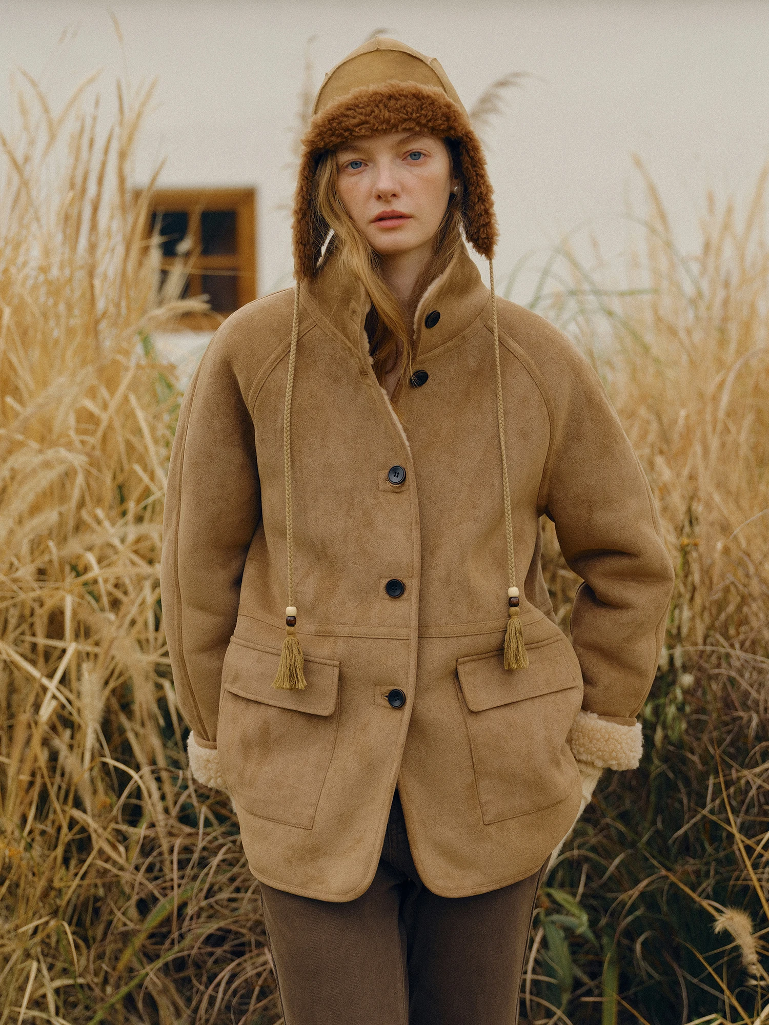 클린센스 풀울 스웨이드 가죽 퍼 일체형 숄더 슬리브 가죽 자켓 안팎 따뜻한 프렌치 스타일 여성 코트