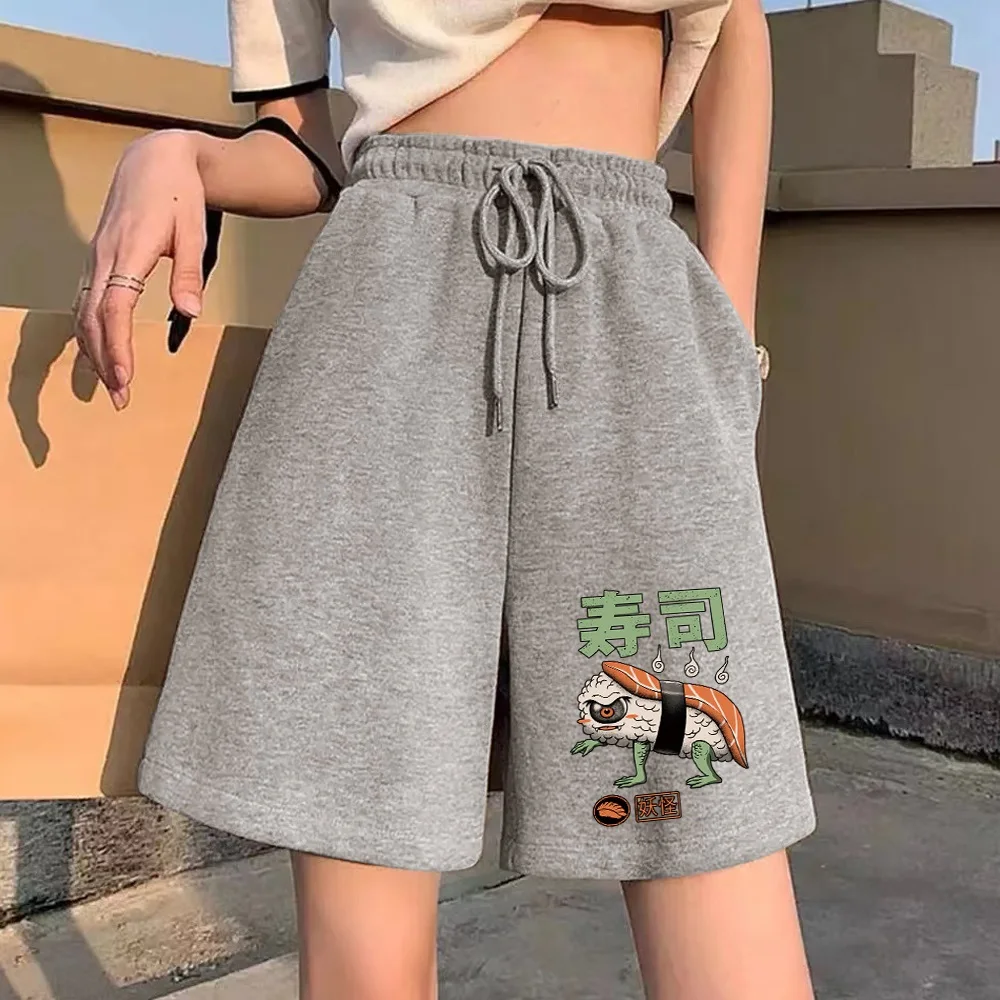 Women's Harajuku Loose Shorts Street Women's Belt Fashion Gray Shorts Cute Cartoon Print Series Student Casual Cropped Pants