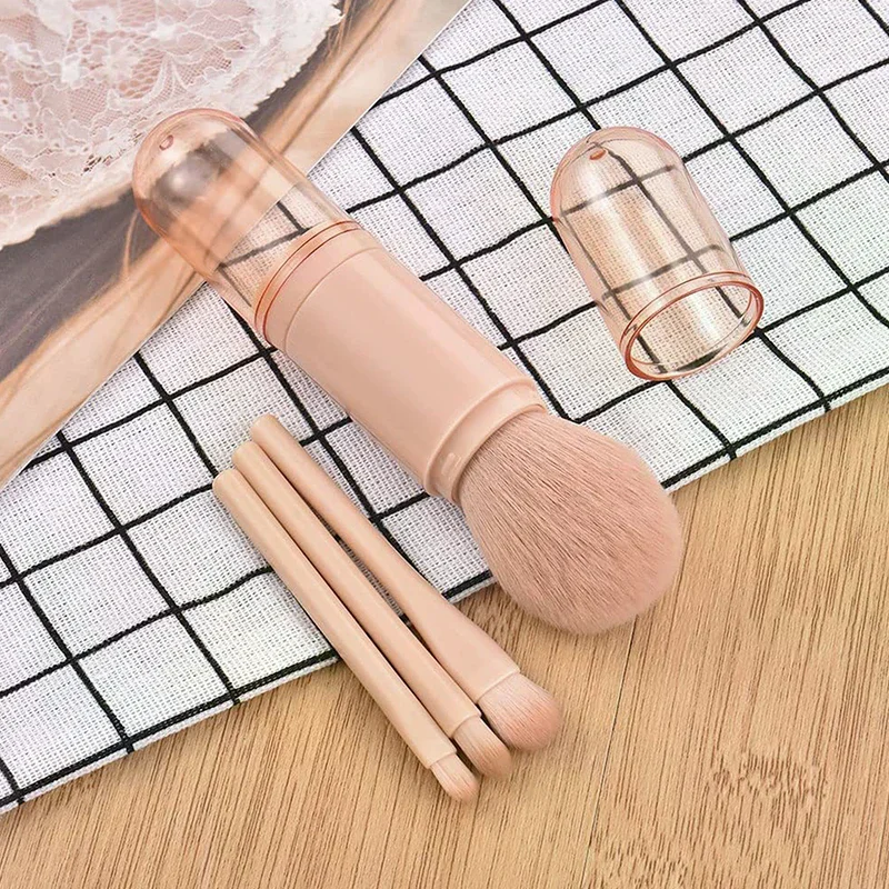 Zestaw pędzli do makijażu 4 w 1, wysuwany pędzel kabuki i 3 małe pędzle do oczu z miękkimi włoskami, małe, przenośne do retuszów.