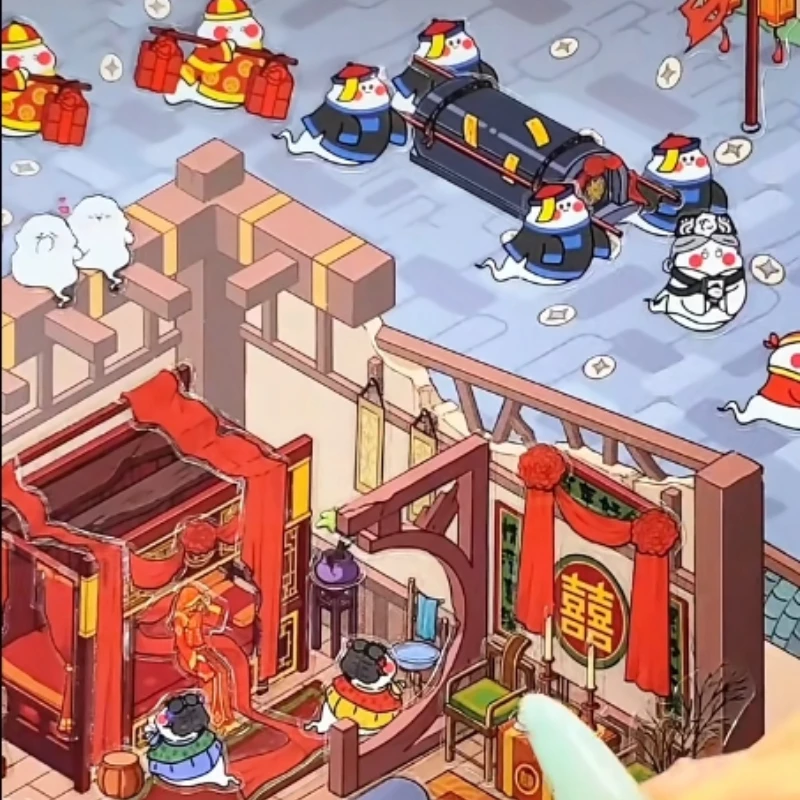 Miniatuurscène stapelen collage landschapsstickers leven en dood contracten