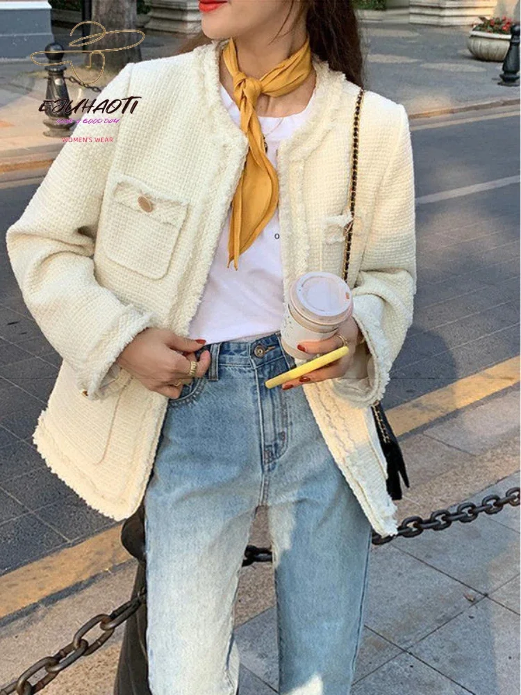 Women\'s Jacket Small Fragrance Coat 2024 New In Autumn Winter Korean Fashion O-Neck Tweed Vintage Outerwear Loose All-match Tops