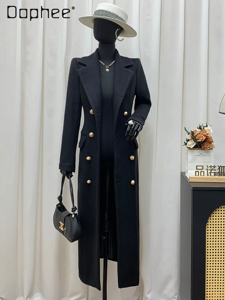 

Winter Classic Hepburn Style Elegant Black Wool Coat Office Lady Double-Breasted Slim Woolen Coat Women Thicken Warm Long Coats