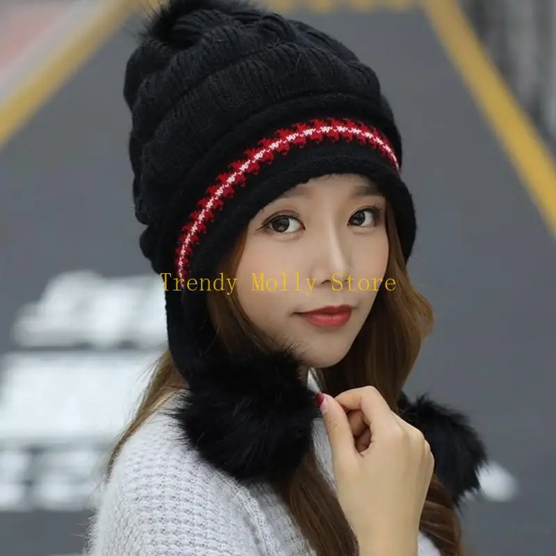 

N5KB модные вязаные шапочки с тройными помпонами и удлиненными грелками для ушей для взрослых, зимние аксессуары