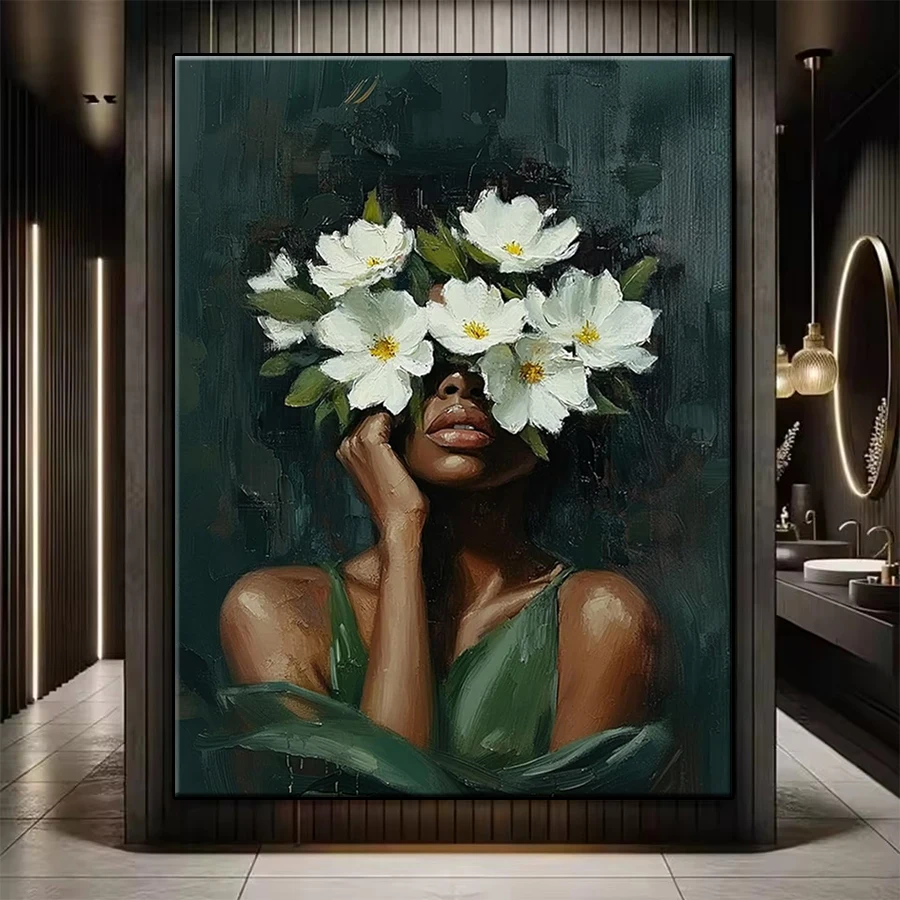 5D DIY Diamant-Stickerei Bild Moderne Ästhetische Kunst Schwarze Mädchen mit Blumen Diamant-Malerei-Set Neues Kreuzstich-Mosaik Wandkunst