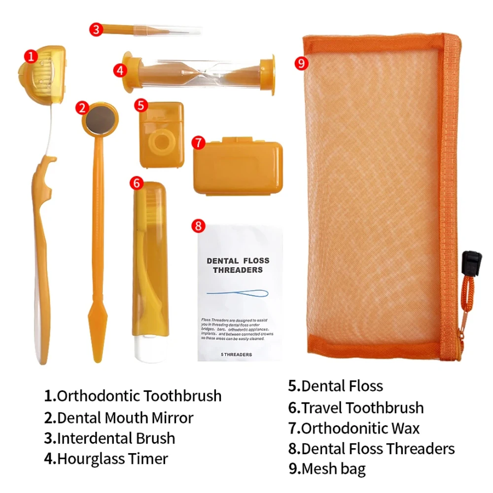 8 pz/set Dentale Ortodontico Kit di Pulizia Per Filo Interdentale Filo di Cera Pieghevole Spazzolino Da Denti Igiene Orale Kit di Pulizia Da Viaggio Kit Dentale