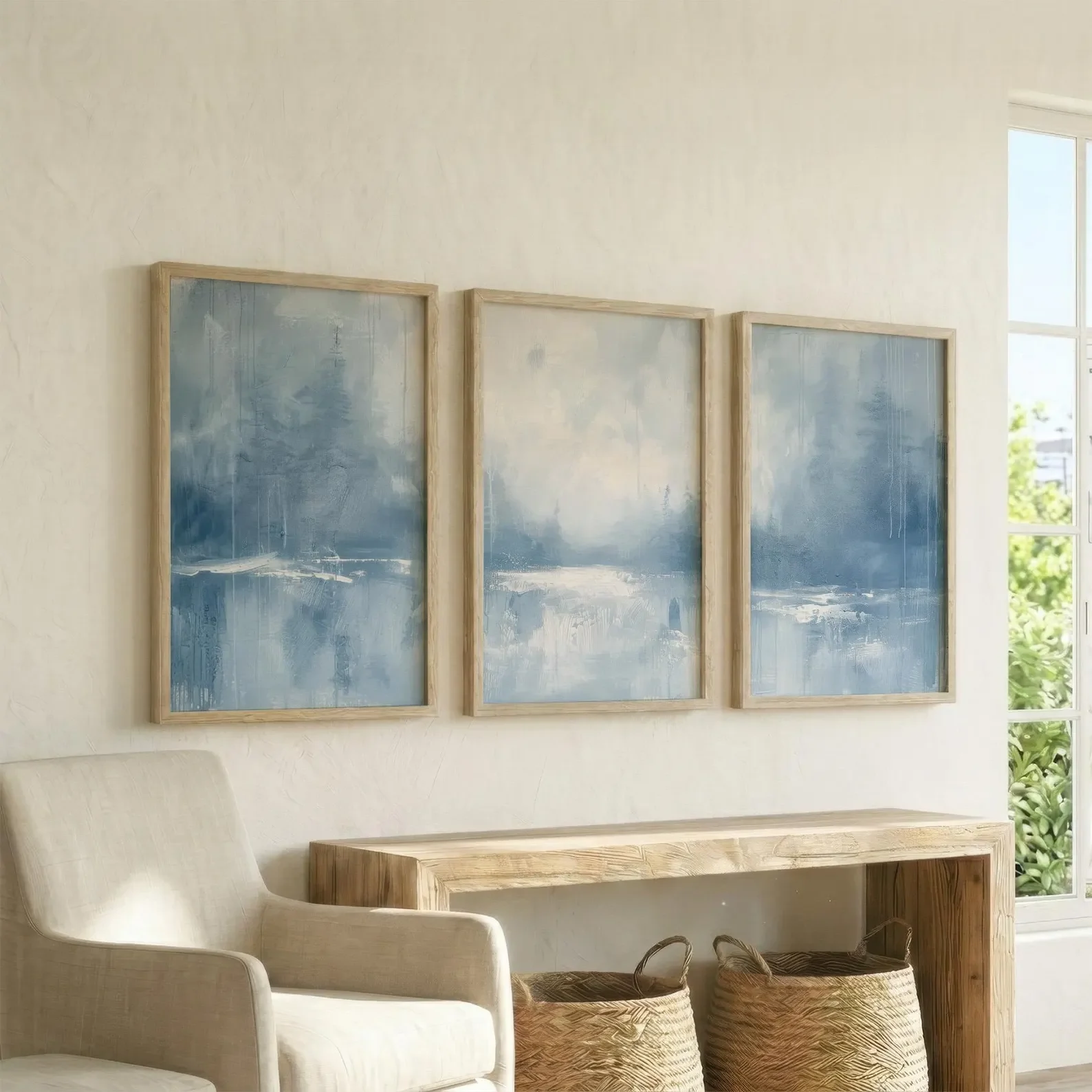 3PCS  Frameless,3PCS  Slate Blue and White Wall Art Coastal Abstract Poster Misty Forest Landscape Wall Decor Canvas Painting fo