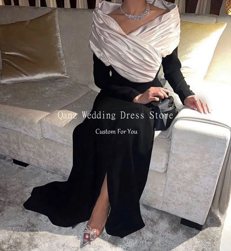 Qanz Dubai Mermaid Prom Dresses High Side Slit Satin Elegant Long Evening Party Gowns Cap Sleeves Women Formal Dress Customized