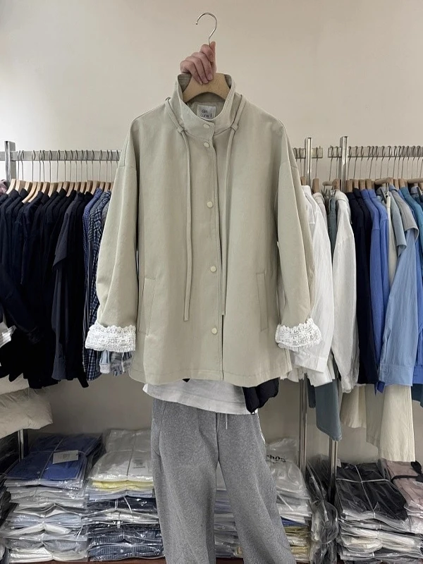 

Женская ветровка свободного кроя с кружевным дизайном, весенняя, больших размеров, на одной пуговице, с воротником-стойкой, оверсайз