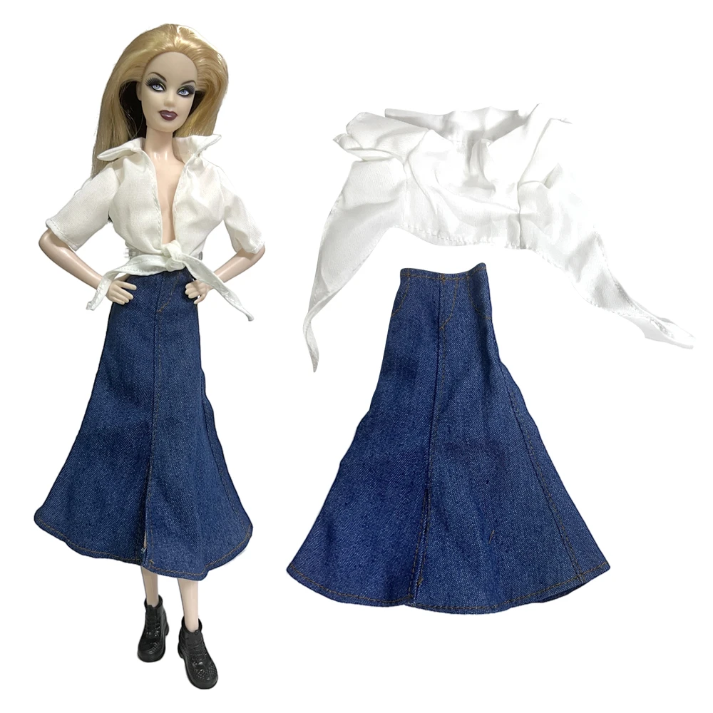 NK Official 1 Set Doll Fashion Dress For Barbie Doll Girl Toy House Toy Accessories White Lace up Shirt+Blue Denim Long Skirt