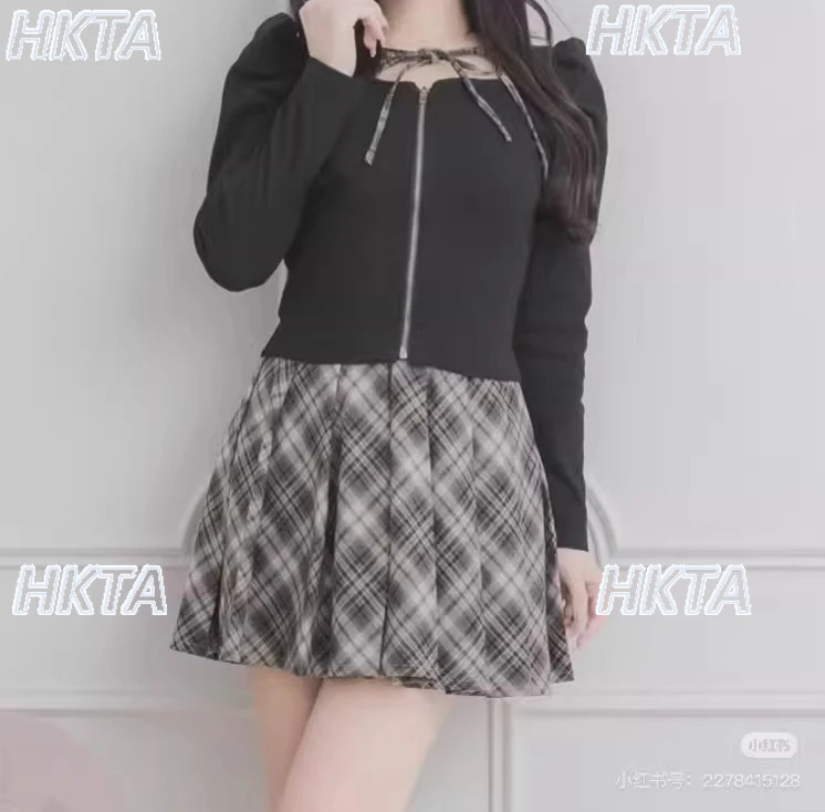 Abito corto pieghettato con cuciture scozzesi invernali giapponesi 2025 da donna pendolarismo dolce collo quadrato manica lunga abito Lolita sottile da donna