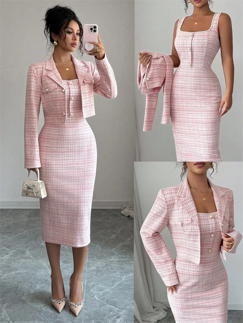 

Elegant Pink Women Suit Skirt Set 2 Pcs Blazer+Prom Dress Sheath Party Gown Formal Office Lady Wedding Guest Birthday Robe