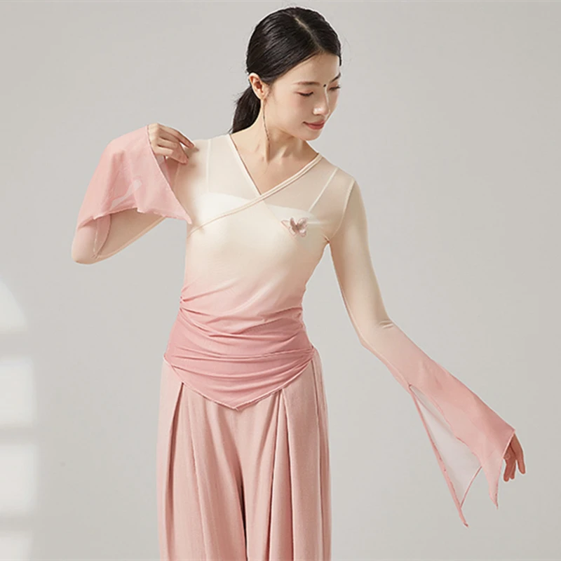 Women Classical Dance Mesh Top Gradient Long Slit Flared Sleeve Shirt Saree Blouse Chinese Hanfu Performance Training Costumes